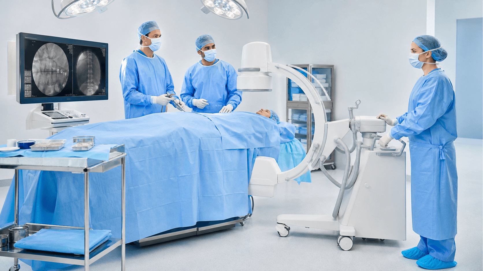 Compact white C-arm imaging system beside an operating table in a bright, modern surgical room.